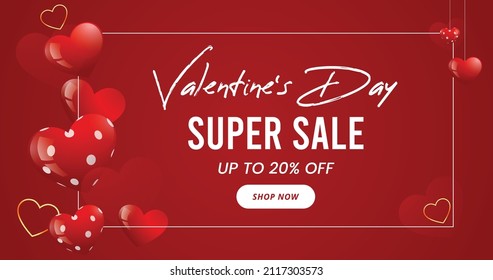 Valentine's day super sale banner, Valentine's day offer Template with Discount Tag, Vector illustration design.