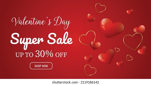 Valentine's day super sale banner, Valentine's day offer Template with Discount Tag, Vector illustration design.
