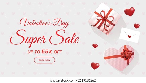 Valentine's day super sale banner, Valentine's day offer Template with Discount Tag, Vector illustration design.
