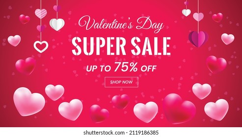 Valentine's day super sale banner, Valentine's day offer Template with Discount Tag, Vector illustration design.
