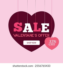 valentine's day super sale banner with hearts on pink background. vector illustration modern flat design. up to 35 % off. business promotion for valentine poster.