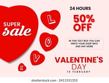 Valentine's day super sale with hearts background. Sale promotion banner, poster or flyer vector illustration.