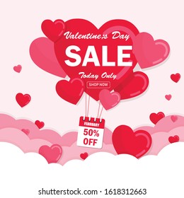 valentine's day super sale red heart shape balloon flying background. Happy Valentine's day abstract.50 percent off today only. Poster for the of february holiday Sale.Vector illustration flat design.