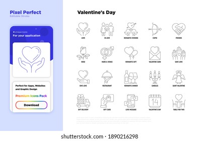 Valentine's day super thin line icons set: couple in love, romantic evening, cupid bow, balloons, envelope, gift card, candles, love message, gift delivery. Modern vector illustration.