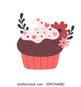 Valentine's Day sweet cupcake with flower decor. Vector illustration