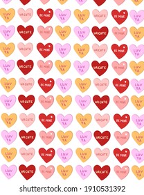 Valentine's Day Sweet Heart Pattern, Pink, Red, Yellow Sweeties Candy, Drawing, Illustration