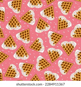 Valentines day sweet lunch. Seamless pattern. Hearts shape pastry. Love day. Homemade waffles.