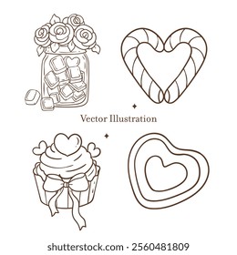 Valentine's Day Sweet Treats Outline Vector Illustration