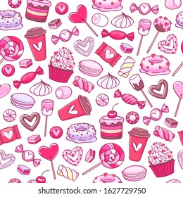 Valentine's day sweets background - marshmallow, hard candy, cake pop, donuts, peppermint candy, chocolate, cookies, cupcakes vector illustration