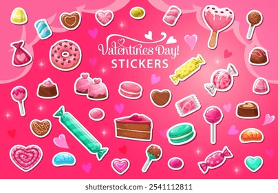 Paquete de pegatinas de Vector de dulces, caramelos y piruletas del día de San Valentín. Lindos chocolates en forma de corazón, malvaviscos, piruletas, macarrones, donas y pasteles sobre fondo rosa adornado con corazones y destellos