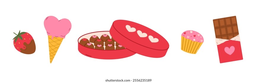 Valentines Day sweets elements set. Different dessert cupcake, ice cream, chocolate and strawberry. Flat isolated vector illustration