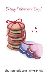 Valentines Day sweets. Pink macaroons heart shaped.