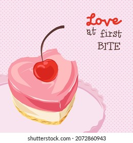 Valentines Day sweets postcard with love quote. Love at first sight phrase. Cake dessert pun. Romantic treat card design. Vector illustration.