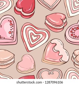 Valentines day sweets seamless pattern. Holiday background. Pink cookies texture.