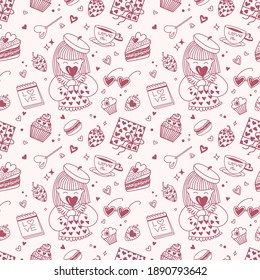 Valentine's Day Sweets Seamless Pattern. Doodle drawings of different sweets and cookies will look good at textiles, paper cups, wrapping paper, cards etc. Nice for candy shops and bakeries.