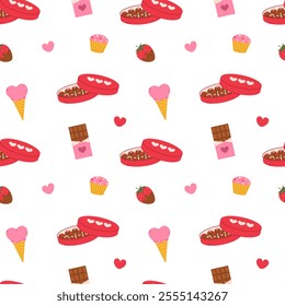 Valentines Day sweets seamless pattern. Different dessert cupcake, ice cream, chocolate and strawberry. Flat vector illustration