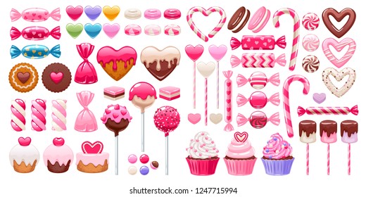 Valentine's day sweets set - marshmallow, hard candy, dragee, cake pop, jelly, peppermint candy, chocolate cookies, cupcakes vector illustration