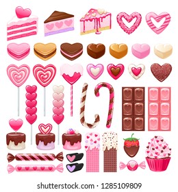 Valentine's day sweets set - marshmallow, hard candy, chocolate, cake pop, cupcake, cookies, cakes, waffles vector illustration