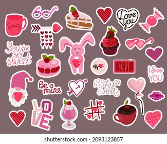 Valentine's Day Sweets Stickers Set. Candy, Cookies, Cupcakes, Pink Heart Bunny. Hand Drawn Valentines Day Delicious Collection. Love Pastry Sweets Sticker