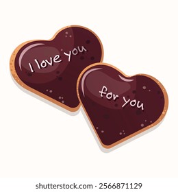 Valentine's Day Sweets. Two gingerbread cookies in chocolate glaze with the inscription. I love you. Appetizing cookies. Festive vector illustration.