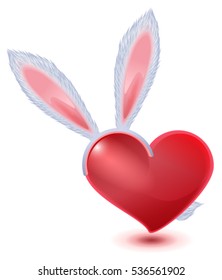 Valentines Day symbol. Fluffy bunny ears and red heart. Isolated on white vector illustration