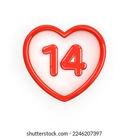 Valentine's day symbol. Red Heart Frame with the number 14 in the center. February 14 calendar date. 3d realistic gloss plastic design. Valentines Day decoration. Conceptual symbol. 3d vector object