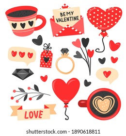 Valentine's day symbols collection, contrast colors on whine background