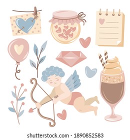 Valentine's day symbols collection, pastel colors on whine background