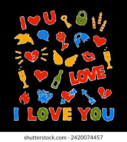 Valentines day symbols cut out of colored paper by scissors. Cute simple stickers for scrapbook collage. Romantic love icons such as heart, kiss, flower, champagne, bird, flame and letters I love you