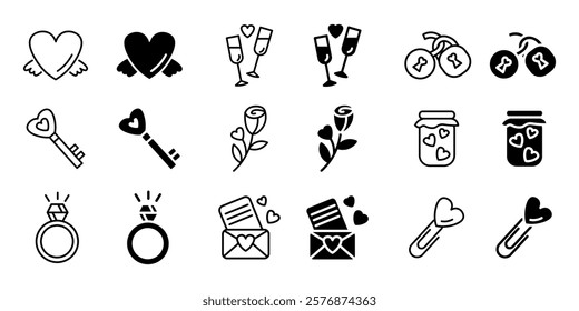 Valentines day symbols. Engagement and marriage icon set. Love letter, diamond ring and rose symbols. Heart shaped key and padlock pictogram.