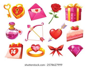 Valentine's Day symbols including gifts, hearts, and love items like cake and flowers. Vector cartoon illustration