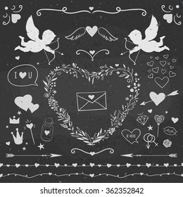 Valentine's Day symbols on a chalkboard: cupids, hearts, candies, arrows, and other cute stuff