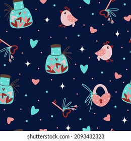 Valentine's day symbols seamless vector pattern. Hand-drawn holiday objects on a blue background. Romantic cliparts - heart, bird, key, lock, love potion. Flat cartoon concept for wedding, date, party