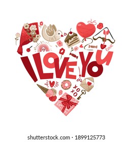 Valentine's Day symbols in the shape of a heart drawn in vintage style isolated on a white background. Banner concept with lettering i love you. Card for birthday, newlyweds. Vector iliustration