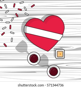 Valentine's day table with heart and wine. Vector illustration.