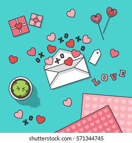 Valentine's day table with hearts and letter. Vector illustration.