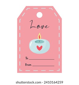 Valentines Day tag with candle. Love lettering. Holiday gift label template.