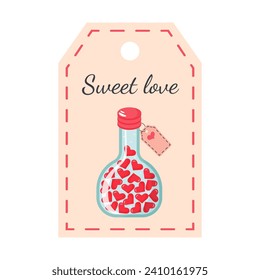 Valentines Day tag with hearts glass bottle. Sweet love lettering. Holiday gift label template.