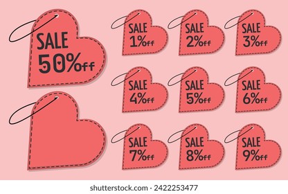 Fabricante de etiquetas de San Valentín - Plantilla de etiqueta de precio de venta en papel rojo Corazón de papel con descuentos de números para crear de 1 a 99% de descuento.