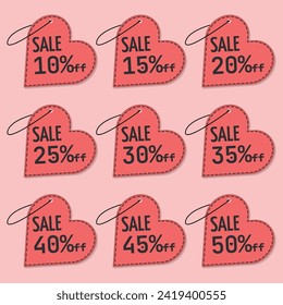 Valentine's Day Tag, Numbers Discounts Set - Sale Price Label in Red Paper Heart Shaped of 10%, 15%, 20%, 25%, 30%, 35%, 40%, 45% and 50% off.