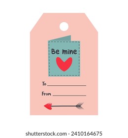 Valentines Day tag with postcard and arrow. Be mine lettering. Holiday gift label template.