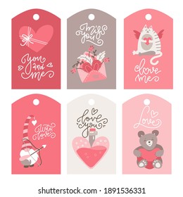 Valentine's Day tag set. Symbol envelope with love letter, cat, teddy, heart jar, gnome. Hand drawn paper label collection. Minimal design for print greeting card, poster. Vector flat Illustration.