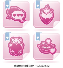 Valentine's Day: Talk bubbles, Chocolate strawberry, Teddy bear, Mouth kiss.