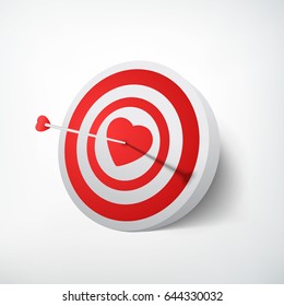 Valentines day target concept with arrow hitting dartboard in red heart on white background isolated vector illustration