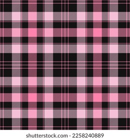 Tartan tartán del día de San Valentín. Patrón escocés en jaula roja, negra y rosa. Jaula escocesa. Fondo tradicional escocés a cuadros. Textura de tela sin fisuras. Ilustración del vector