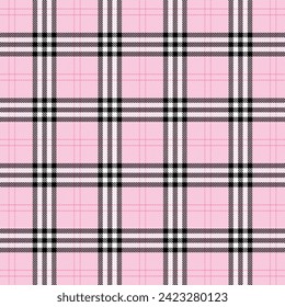 Valentines day tartan plaid. Scottish pattern in pink, black and white cage. Scottish cage. Traditional Scottish checkered background. Seamless fabric texture. Vector illustration