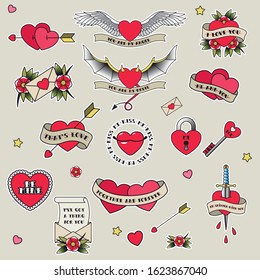 Valentine's Day Tattoo Designs, Old School Style Tattooing, Hearts, Flowers, Ribbons, Arrows, Lock and Key, Dagger, Envelopes, Declaration of Love Sketch Set 