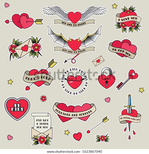 Valentines Day Tattoo Designs Old School Stock Vector Royalty Free 1623867040