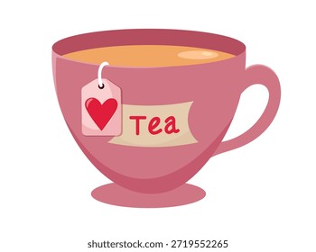 Valentine's Day Tea Cup. Flat vector clipart, illustration with isolated background.