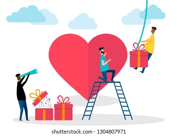 Valentine's Day, teamwork concept isolated on white background. Vector illustration.